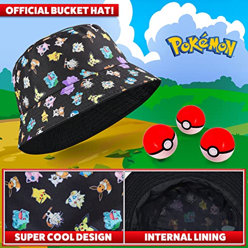 Pokemon Baseball Cap Sunglasses Boys Girls Bucket Hat for Kids Unisex Pikachu Adjustable Strap Summer Accessories Sun Hat for Kids Snapback Hat Gifts (Black Bucket Hat)