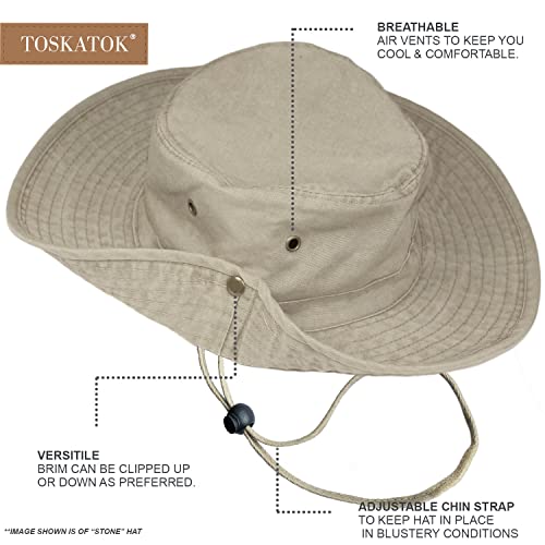 TOSKATOK UPF 50 + Boys Kids Safari Outback Australian Style Cotton Bush Sun Protection Hat with Wide Brim, Detachable Chin Strap, Side Press Studs and Air Vents-STONE-54