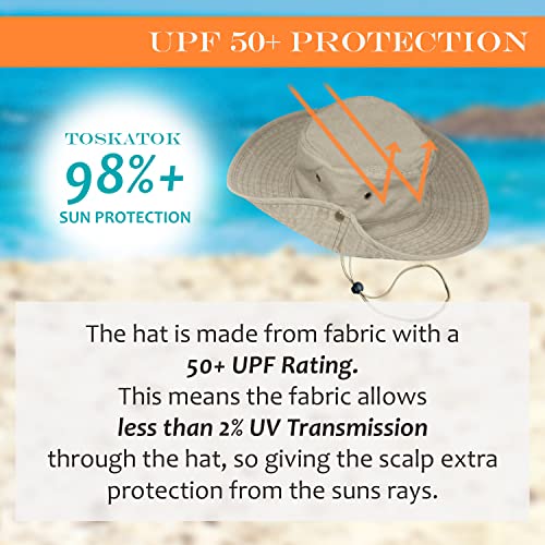 TOSKATOK UPF 50 + Boys Kids Safari Outback Australian Style Cotton Bush Sun Protection Hat with Wide Brim, Detachable Chin Strap, Side Press Studs and Air Vents-STONE-54
