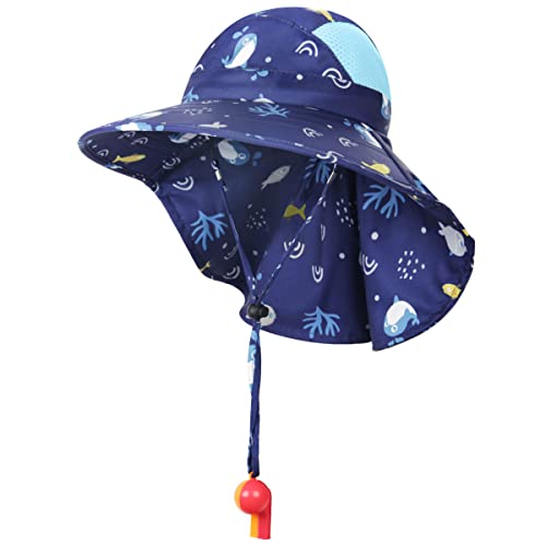BEBOAN Kids Sun Hat Toddler Bucket Hat for Boys Girls Baby Beach Sun Hat UV Protection UPF 50+ Wide Brim Neck Flap Aged 2-9, Dark Blue Fish