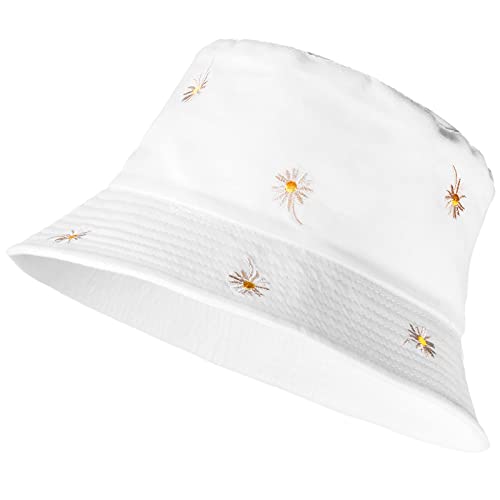 Sibba 1 PC Bucket Hat Beach Sun Protection Summer Foldable Wide Brim Fishing Cap Sunhat Casual Vacation Aesthetic Accessories Girl Women Kids Travel (White Sunflower)