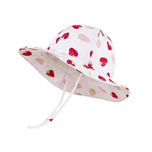 LANGZHEN Sun Hat for Baby Girls Adjustable Toddler Kids Sun Protection Hat Wide Brim Summer Play Hat with Chin Strap (White -Strawberry,3-6Months (46cm /18.1"))
