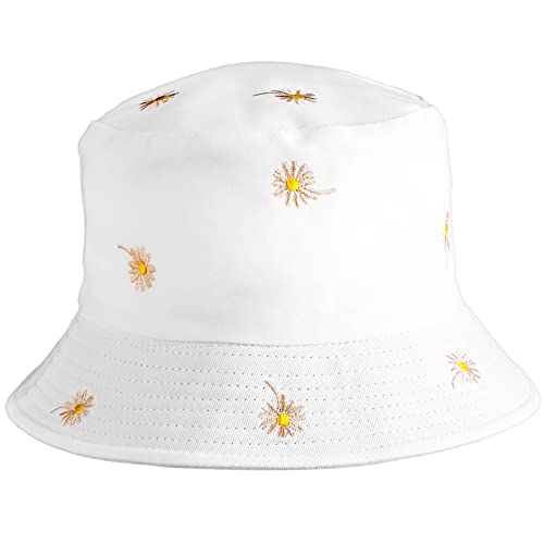 Sibba 1 PC Bucket Hat Beach Sun Protection Summer Foldable Wide Brim Fishing Cap Sunhat Casual Vacation Aesthetic Accessories Girl Women Kids Travel (White Sunflower)