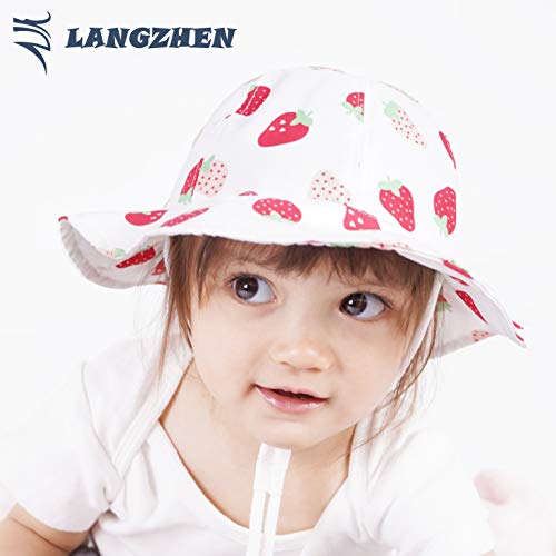 LANGZHEN Sun Hat for Baby Girls Adjustable Toddler Kids Sun Protection Hat Wide Brim Summer Play Hat with Chin Strap (White -Strawberry,3-6Months (46cm /18.1"))