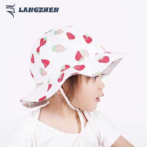 LANGZHEN Sun Hat for Baby Girls Adjustable Toddler Kids Sun Protection Hat Wide Brim Summer Play Hat with Chin Strap (White -Strawberry,3-6Months (46cm /18.1"))