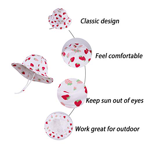 LANGZHEN Sun Hat for Baby Girls Adjustable Toddler Kids Sun Protection Hat Wide Brim Summer Play Hat with Chin Strap (White -Strawberry,3-6Months (46cm /18.1"))