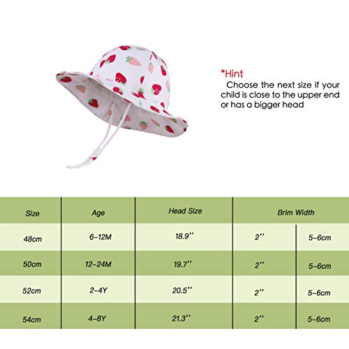 LANGZHEN Sun Hat for Baby Girls Adjustable Toddler Kids Sun Protection Hat Wide Brim Summer Play Hat with Chin Strap (White -Strawberry,3-6Months (46cm /18.1"))