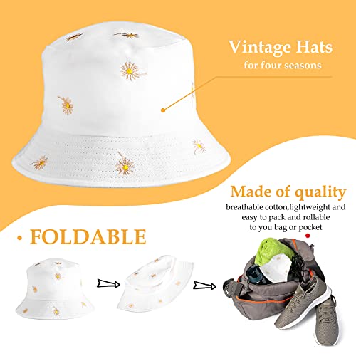 Sibba 1 PC Bucket Hat Beach Sun Protection Summer Foldable Wide Brim Fishing Cap Sunhat Casual Vacation Aesthetic Accessories Girl Women Kids Travel (White Sunflower)
