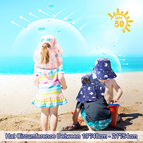 BEBOAN Kids Sun Hat Toddler Bucket Hat for Boys Girls Baby Beach Sun Hat UV Protection UPF 50+ Wide Brim Neck Flap Aged 2-9, Dark Blue Fish