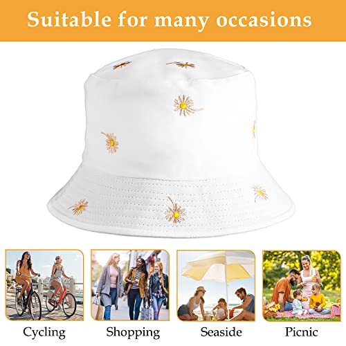 Sibba 1 PC Bucket Hat Beach Sun Protection Summer Foldable Wide Brim Fishing Cap Sunhat Casual Vacation Aesthetic Accessories Girl Women Kids Travel (White Sunflower)
