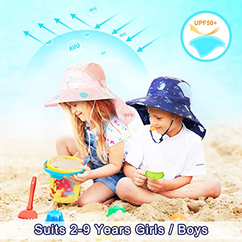 BEBOAN Kids Sun Hat Toddler Bucket Hat for Boys Girls Baby Beach Sun Hat UV Protection UPF 50+ Wide Brim Neck Flap Aged 2-9, Dark Blue Fish