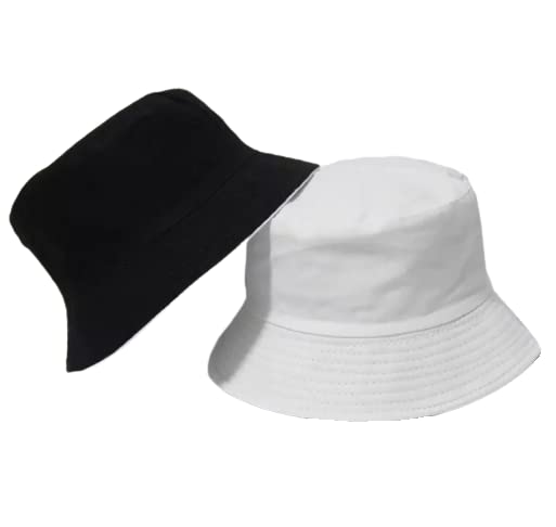 2 Large Bucket Hats | Cotton | Black and White | Happy Face | Fisherman Style Plain Simple Bucket Hat for Women Men Girls or Boys | Brimmed Sun Hat for Festival or Beach Holiday