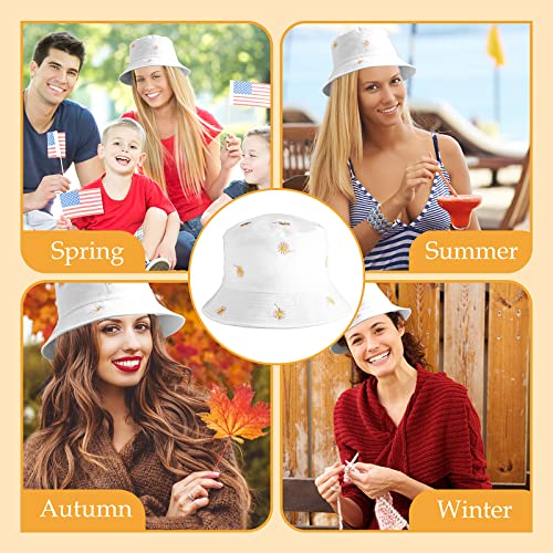 Sibba 1 PC Bucket Hat Beach Sun Protection Summer Foldable Wide Brim Fishing Cap Sunhat Casual Vacation Aesthetic Accessories Girl Women Kids Travel (White Sunflower)