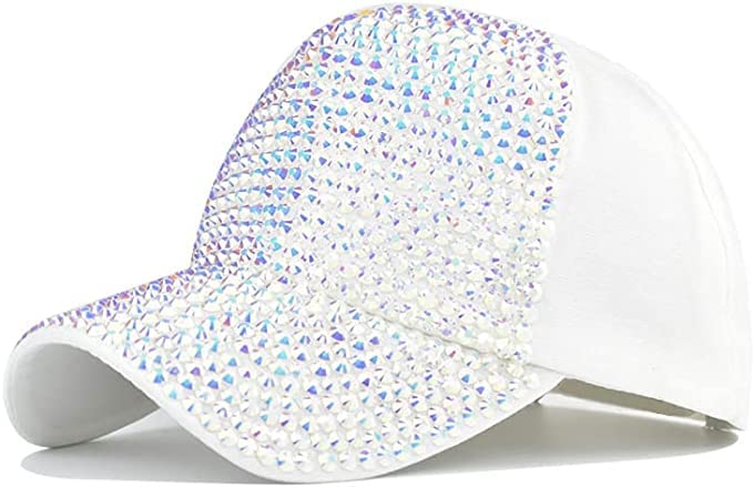 ASD Accessories Rhinestone Women's Cap,Bling Diamond Baseball Cap Adjustable Snapback Sparkle Bling Cotton Sun Hat for Girls Womens-White