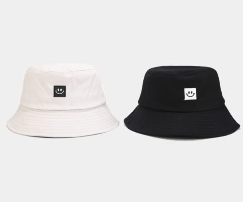 2 Large Bucket Hats | Cotton | Black and White | Happy Face | Fisherman Style Plain Simple Bucket Hat for Women Men Girls or Boys | Brimmed Sun Hat for Festival or Beach Holiday