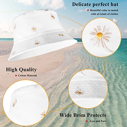 Sibba 1 PC Bucket Hat Beach Sun Protection Summer Foldable Wide Brim Fishing Cap Sunhat Casual Vacation Aesthetic Accessories Girl Women Kids Travel (White Sunflower)