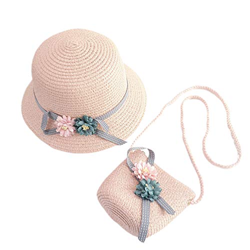 NUOBESTY Girls Straw Hat and Bag, Flowers Straw Cap Beach Sun Hat Tea Party Hat Purse for Little Girls Age 3-12 (Pink)