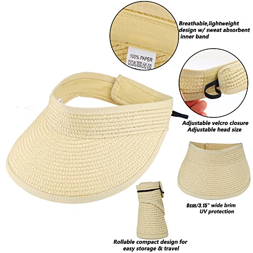 Unisex Kids Straw-Sun-Visor-Hat Summer Wide-Brim Beach Visor Caps for Baby Boys Girls (Fit 3-7T) - beige - 3-7 Years