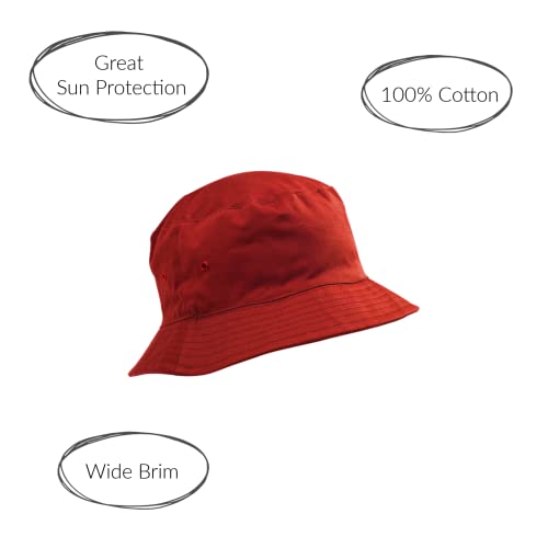 Childrens Cotton Bucket Hat/Sun Cap Kids 5-11 Years Boys or Girls, Red, 53cm