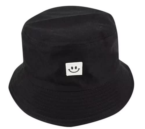 2 Large Bucket Hats | Cotton | Black and White | Happy Face | Fisherman Style Plain Simple Bucket Hat for Women Men Girls or Boys | Brimmed Sun Hat for Festival or Beach Holiday