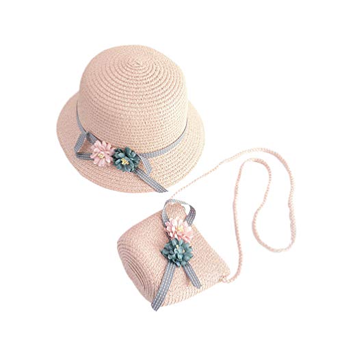 NUOBESTY Girls Straw Hat and Bag, Flowers Straw Cap Beach Sun Hat Tea Party Hat Purse for Little Girls Age 3-12 (Pink)