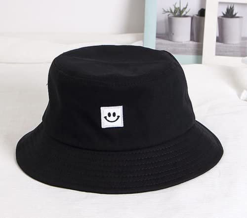 2 Large Bucket Hats | Cotton | Black and White | Happy Face | Fisherman Style Plain Simple Bucket Hat for Women Men Girls or Boys | Brimmed Sun Hat for Festival or Beach Holiday