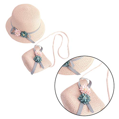 NUOBESTY Girls Straw Hat and Bag, Flowers Straw Cap Beach Sun Hat Tea Party Hat Purse for Little Girls Age 3-12 (Pink)