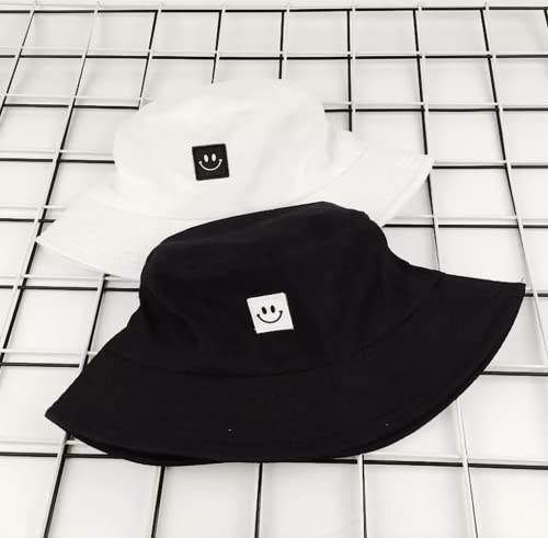 2 Large Bucket Hats | Cotton | Black and White | Happy Face | Fisherman Style Plain Simple Bucket Hat for Women Men Girls or Boys | Brimmed Sun Hat for Festival or Beach Holiday