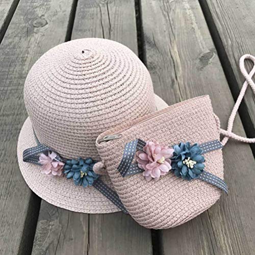 NUOBESTY Girls Straw Hat and Bag, Flowers Straw Cap Beach Sun Hat Tea Party Hat Purse for Little Girls Age 3-12 (Pink)