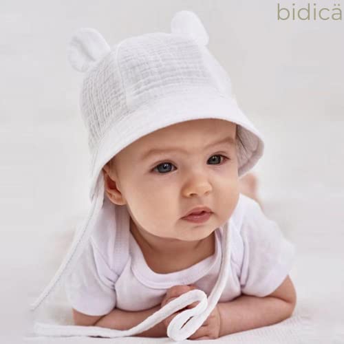 BIDICÄ Baby Muslin Cotton Sun Hats with Ears and Stay on Ties White Peach Set of Two 6-12months