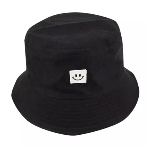 2 Large Bucket Hats | Cotton | Black and White | Happy Face | Fisherman Style Plain Simple Bucket Hat for Women Men Girls or Boys | Brimmed Sun Hat for Festival or Beach Holiday