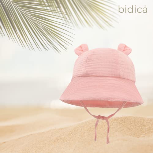 BIDICÄ Baby Muslin Cotton Sun Hats with Ears and Stay on Ties White Peach Set of Two 6-12months