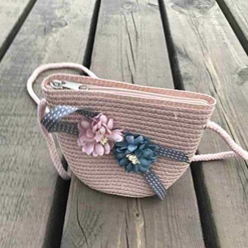 NUOBESTY Girls Straw Hat and Bag, Flowers Straw Cap Beach Sun Hat Tea Party Hat Purse for Little Girls Age 3-12 (Pink)