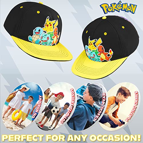 Pokemon Bucket Hat for Kids Unisex Baseball Cap Pikachu Adjustable Strap Trucker Cap Sun Hat for Kids Snapback Hat Summer Accessories Gifts (Black/Yellow)