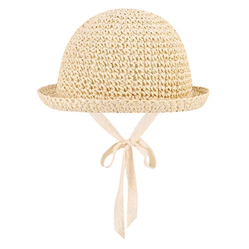IBLUELOVER Girls Straw Hat Foldable Sun Hat Summer Baby Kids Roll up Panama Hat Outdoor UV Protection Beach Hat with Lovely Lace Chin Strap for Toddler Kids 2-7 Years Beige