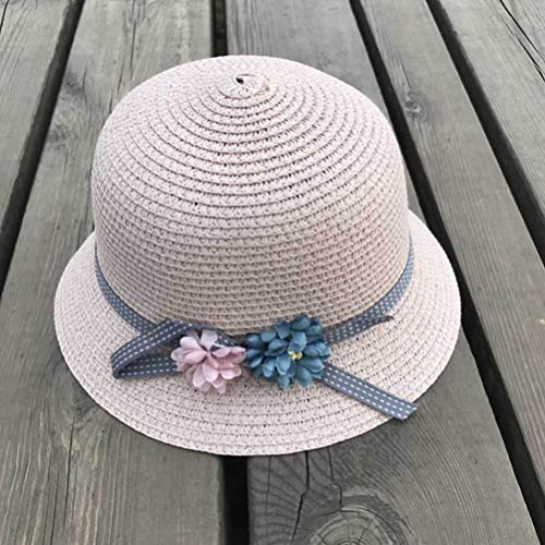 NUOBESTY Girls Straw Hat and Bag, Flowers Straw Cap Beach Sun Hat Tea Party Hat Purse for Little Girls Age 3-12 (Pink)