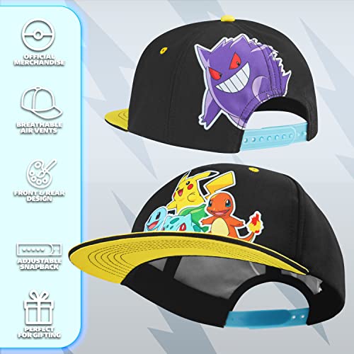 Pokemon Bucket Hat for Kids Unisex Baseball Cap Pikachu Adjustable Strap Trucker Cap Sun Hat for Kids Snapback Hat Summer Accessories Gifts (Black/Yellow)