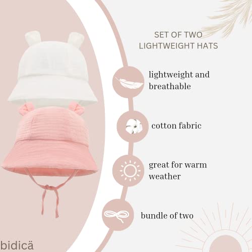 BIDICÄ Baby Muslin Cotton Sun Hats with Ears and Stay on Ties White Peach Set of Two 6-12months