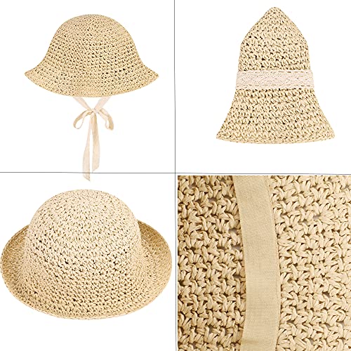 IBLUELOVER Girls Straw Hat Foldable Sun Hat Summer Baby Kids Roll up Panama Hat Outdoor UV Protection Beach Hat with Lovely Lace Chin Strap for Toddler Kids 2-7 Years Beige