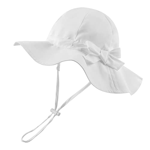 Pesaat Bow Baby Girls Hat Wide Brim Summer Bucket Hats for Girls Infant Toddler Kids Sun Cap (White,48cm)