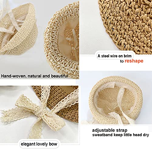 IBLUELOVER Girls Straw Hat Foldable Sun Hat Summer Baby Kids Roll up Panama Hat Outdoor UV Protection Beach Hat with Lovely Lace Chin Strap for Toddler Kids 2-7 Years Beige
