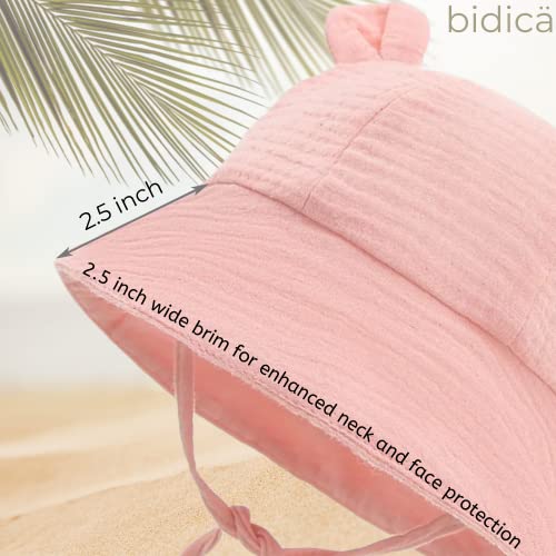 BIDICÄ Baby Muslin Cotton Sun Hats with Ears and Stay on Ties White Peach Set of Two 6-12months