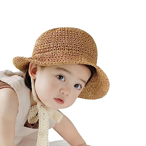 IBLUELOVER Girls Straw Hat Foldable Sun Hat Summer Baby Kids Roll up Panama Hat Outdoor UV Protection Beach Hat with Lovely Lace Chin Strap for Toddler Kids 2-7 Years Beige
