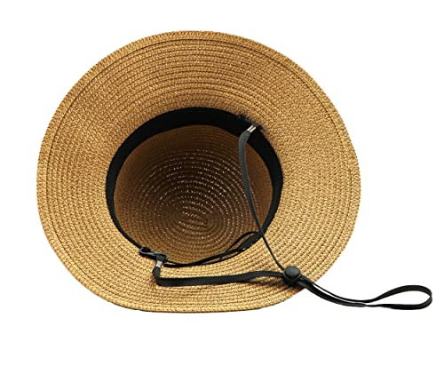 Girls Wide-Brim Straw Sun-Hat for Summer Beach with Bow, Khaki, 5-9 Years