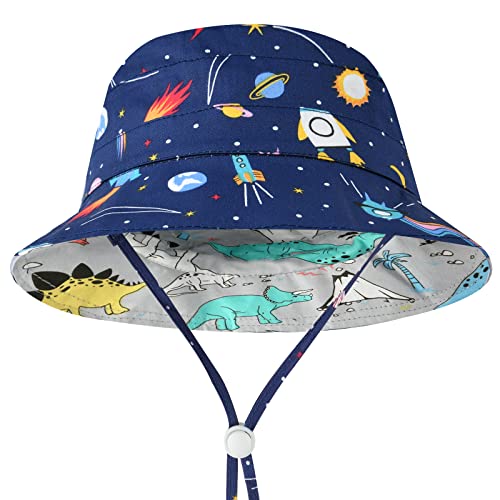 Aolso Baby Sun Hat, Baby Toddler Kids Sun-Hat, 50+ UPF Adjustable Toddler Sun Hat for Boys Girls 1-2 Years, Wide Brim Beach Cap Dinosaur Fisher Hat with Chin Strap (S-48cm)