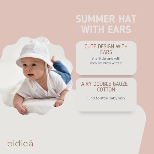 BIDICÄ Baby Muslin Cotton Sun Hats with Ears and Stay on Ties White Peach Set of Two 6-12months