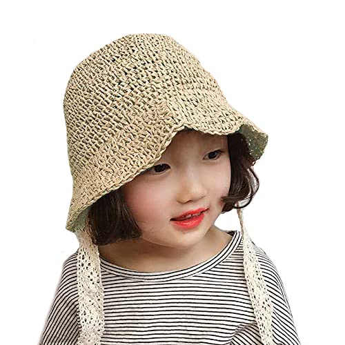 IBLUELOVER Girls Straw Hat Foldable Sun Hat Summer Baby Kids Roll up Panama Hat Outdoor UV Protection Beach Hat with Lovely Lace Chin Strap for Toddler Kids 2-7 Years Beige