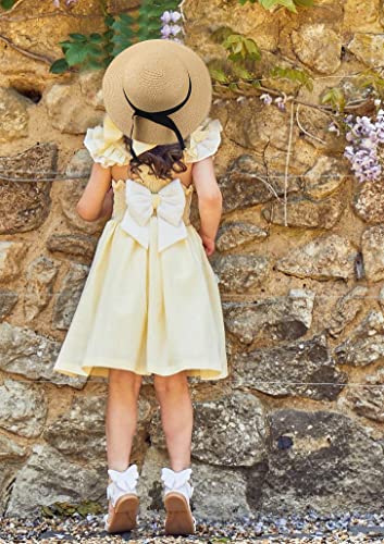 Girls Wide-Brim Straw Sun-Hat for Summer Beach with Bow, Khaki, 5-9 Years