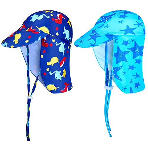 SATINIOR 2 Pcs Baby Toddler Sun Hat UPF 50+ Summer Swim Cap with Chin Straps Flap Neck UV Sun Protection Hats Breathable Adjustable Flap Cap Soft Beach Hat for 1-10 Years Kids (Starfish, Dinosaur)