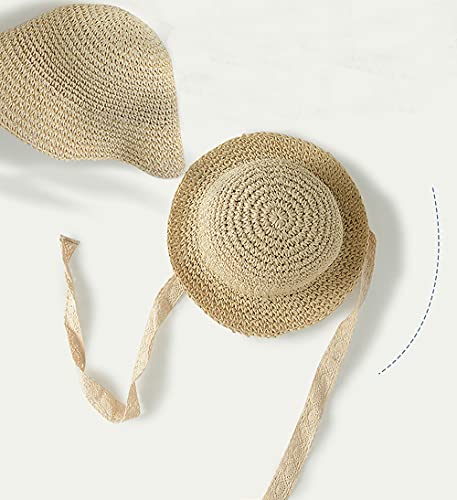 IBLUELOVER Girls Straw Hat Foldable Sun Hat Summer Baby Kids Roll up Panama Hat Outdoor UV Protection Beach Hat with Lovely Lace Chin Strap for Toddler Kids 2-7 Years Beige